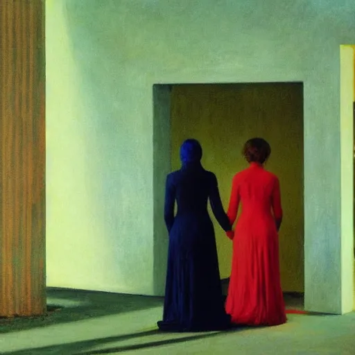 Prompt: procession of women in an haunted liminal abandoned temple, film still by edward hopper, by gottfried helnwein, by klimt, art noveau, highly detailed, strong lights, liminal, eerie, bright pastel colors,