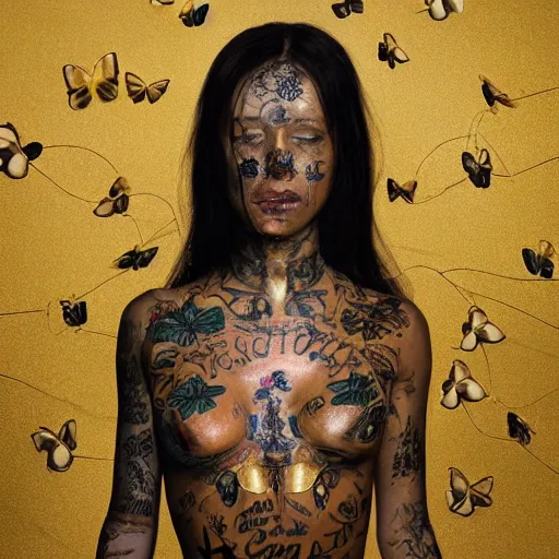 Prompt: A perfect female goddess stands for waist up portrait with her body wrapped in thin gold wire like a cocoon, creatively arranged so as to look like tattoos with faces and flowers and butterflies, hyper photo realistic 8K HD HDRI, photo by Annie Leibovitz.