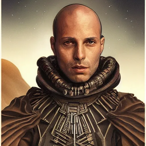 Image similar to naftali bennett as duke leto, dune, portrait, intricate, elegant, highly detailed, digital painting, artstation, concept art, wallpaper, smooth, sharp focus, illustration, art by h. r. giger and artgerm and greg rutkowski and alphonse mucha