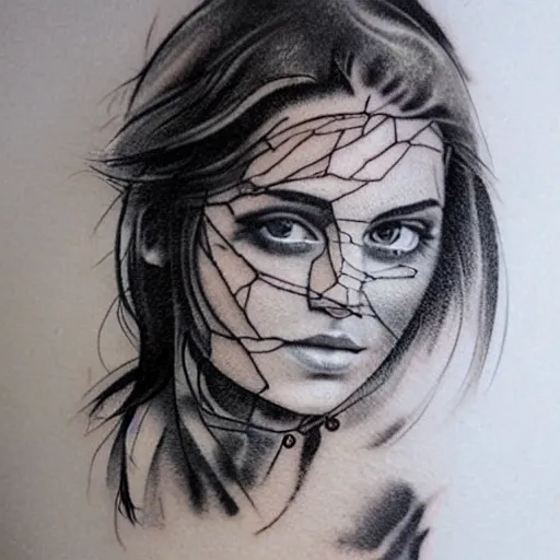 Image similar to realistic tattoo sketch of kate kuray face double exposure with a mountain scenery, in the style of matteo pasqualin, amazing detail, sharp
