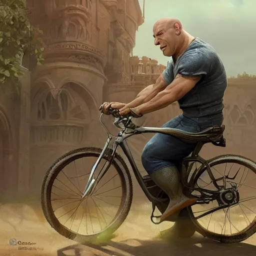 Image similar to shrek rides a bicycle motor and beats vin diesel in fast and furious race while wearing a helmet, highly detailed, digital painting, artstation, concept art, smooth, sharp focus, illustration, art by artgerm and greg rutkowski and alphonse mucha