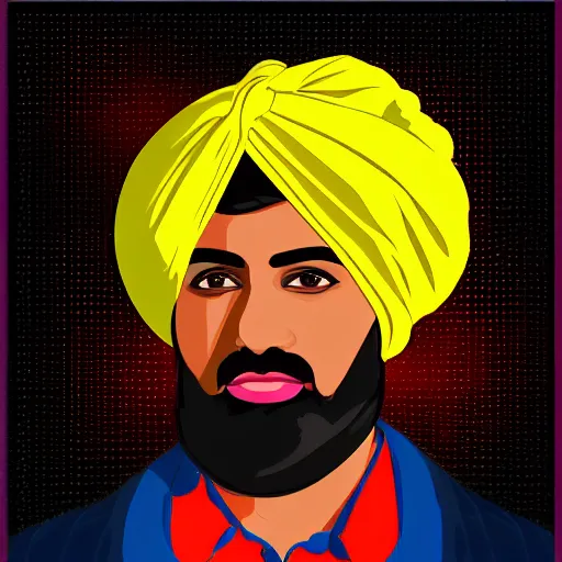 Image similar to a portrait of an indian man with a turban, in retro colors, synthwave style, 2 d digital vector art