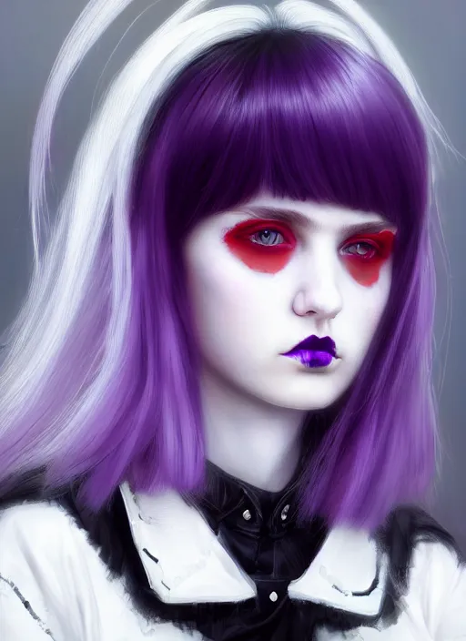 Image similar to portrait of white teenage girl, normal face, white bangs, mall goth, cyberlox, black and white hair, bangs, fluffy bangs, red contact lenses, purple lipstick, intricate, elegant, highly detailed, digital painting, artstation, concept art, sharp focus, smooth, illustration, art by wlop, mars ravelo and greg rutkowski