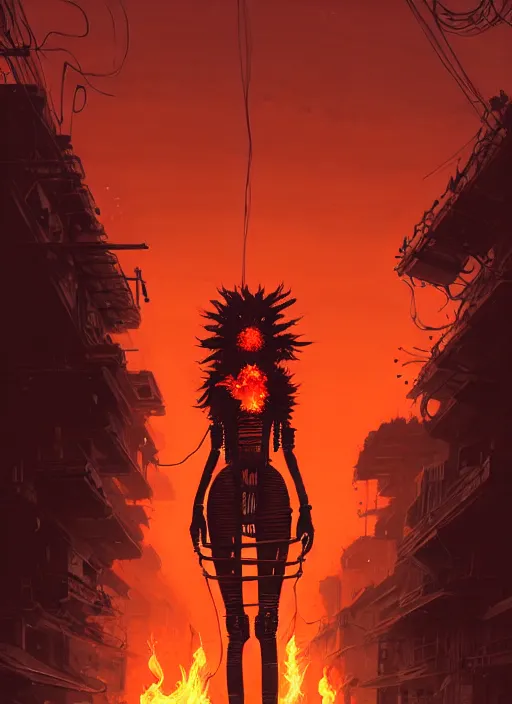 Image similar to highly detailed portrait of wasteland punk long curly fire hair tribal lady, stray wiring by atey ghailan, james gilleard, by joe fenton, by greg rutkowski, by greg tocchini, by kaethe butcher, 4 k resolution, gradient red, orange, black and white color scheme!!! ( ( burning flaming robotic dystopian city background ) )