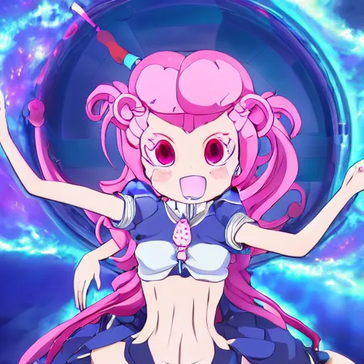 Image similar to omnipotent megalomaniacal anime goddess who looks like junko enoshima with symmetrical perfect face and porcelain skin, pink twintail hair and cyan eyes, looking down upon the viewer and taking control while smiling, mid view from below her feet taken in an extremely low angle, hyperdetailed, digital art, unreal engine 5, 2 d anime style, 8 k