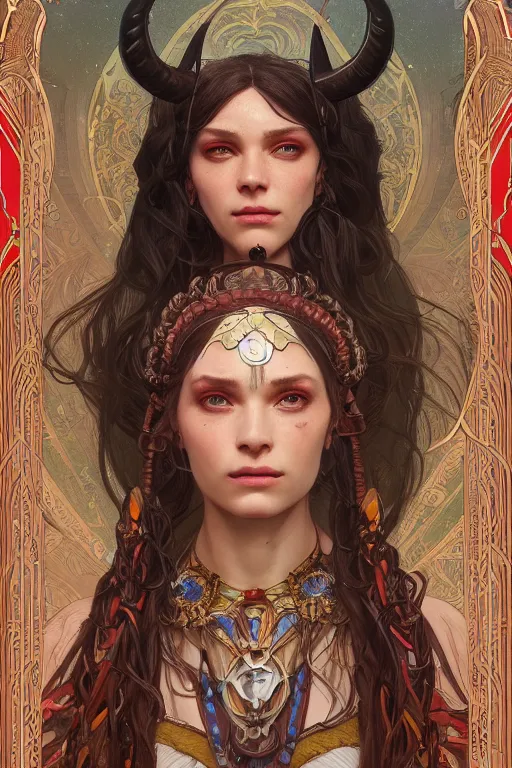 Prompt: 3 / 4 portrait, beautiful, horned man, in opal armor, fantasy, red intricate long braids, ornate jewelry, by greg rutkowski, alphonse mucha, super detailed, 8 k, unreal engine 5, cinematic