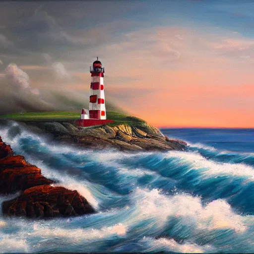 Prompt: an oil painting of a lighthouse overlooking a blood ocean