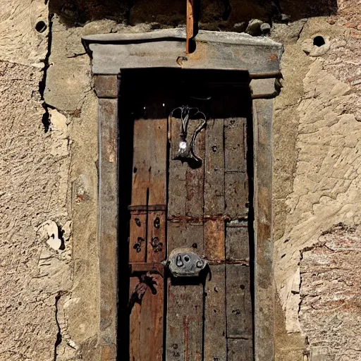 Image similar to Caricature, ajar dilapidated door with a human face dangles on hinges, medieval style, dramatic lighting