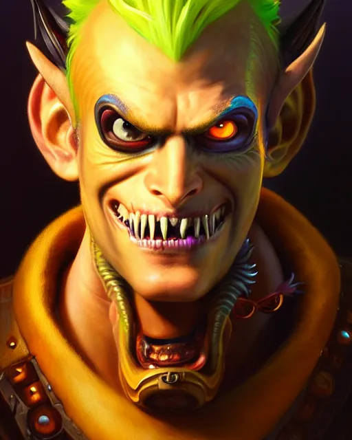 Image similar to junkrat from overwatch, slight smile, fantasy, fantasy art, fantasy, colorful, elegant, character portrait, portrait, close up, highly detailed, intricate detail, amazing detail, sharp focus, vintage fantasy art, vintage sci - fi art, radiant light, caustics, by boris vallejo