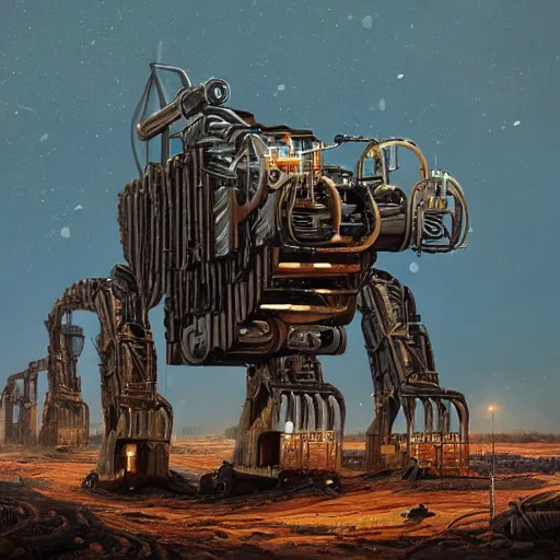 Image similar to giant scary quadrupedal mining machine with drill, four legs, highly detailed body, retro, industrial, dark, dystopian, apocalyptic, in the style of simon stalenhag