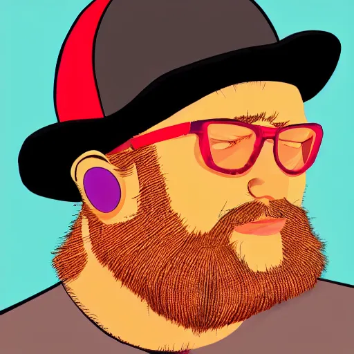 Image similar to middle aged streamer on twitch with black hat, stubble, ginger hair, orange hair, black cap, stubbles, red headphones, in the style of jeremiah ketner, art, abstract