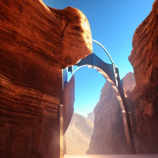 Image similar to arc gates in a canyon, dust light, ultra realistic details, 8 k