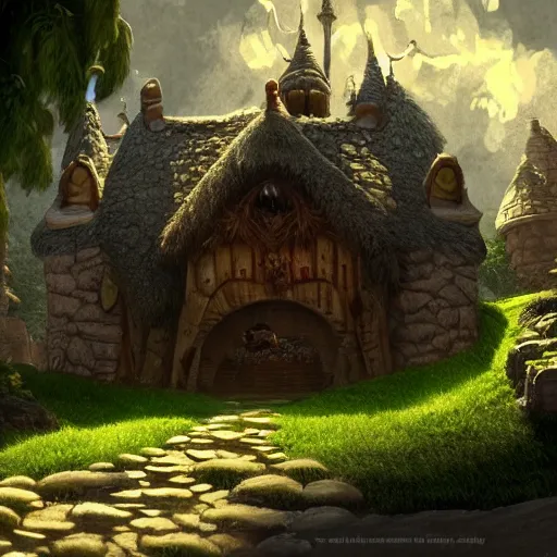 Image similar to Shrek's Ogre House, cinematic lighting, intricate, elegant, highly detailed, digital painting, artstation, smooth, sharp focus, illustration, art