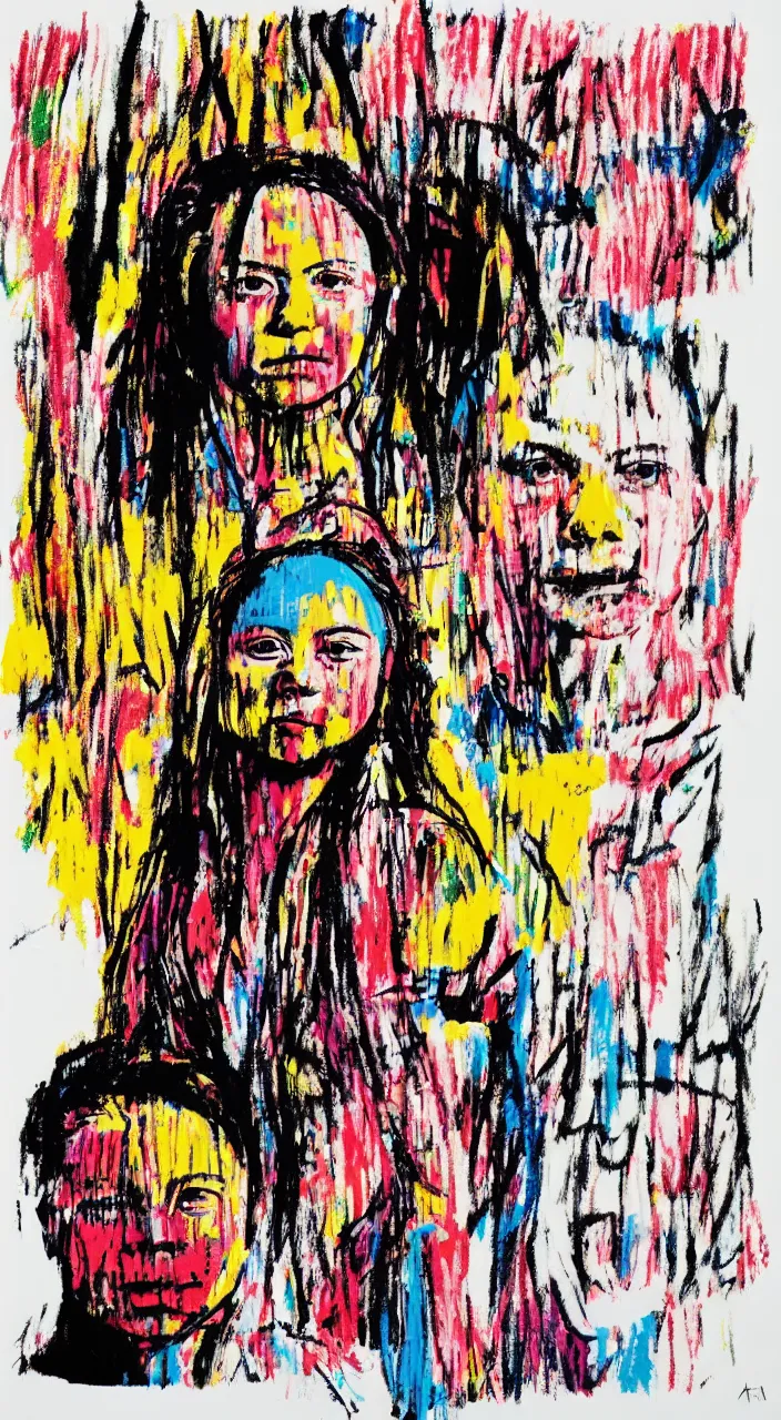 Image similar to portrait of greta thunberg. hommage to andy warhol and jean - michel basquiat by ai weiwei