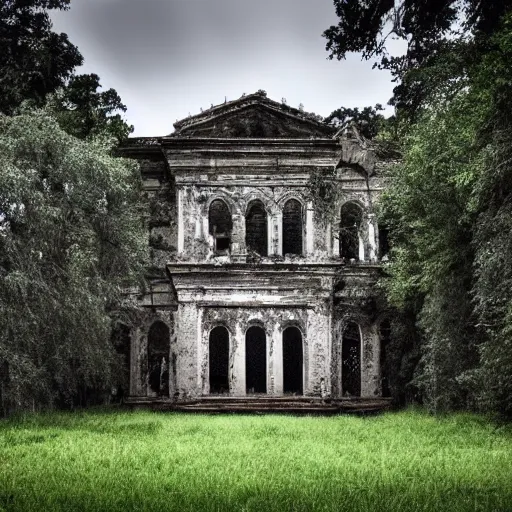 Prompt: abandoned palace with big skull on the wall and surrounded with trees and grass