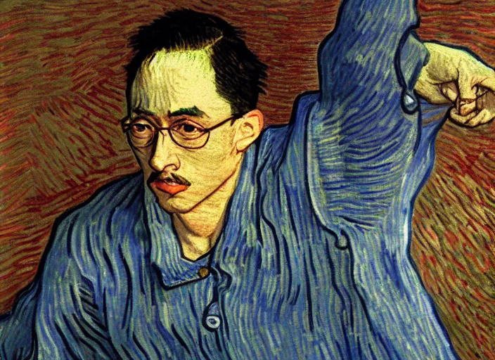 Image similar to Filthy Frank wearing blue dirty spaghetti stained dress shirt, rule of thirds, accurately portrayed, portrait art by Vincent van Gogh, highly detailed, digital painting, concept art, illustration, ethereal lighting with twilight rays of sunlight, trending on artstation, very detailed, smooth, sharp focus, octane render, close up