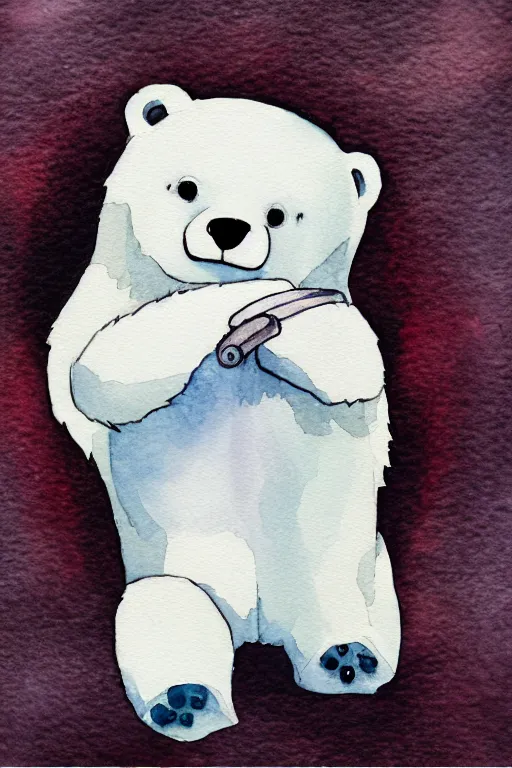 Prompt: a cute anime polar bear holding a thick dark ring, watercolor, white background, lovely