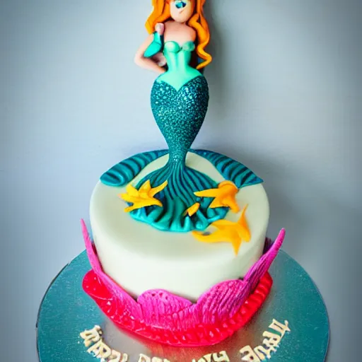 Image similar to angry mermaid themed birthday cake, food photography,