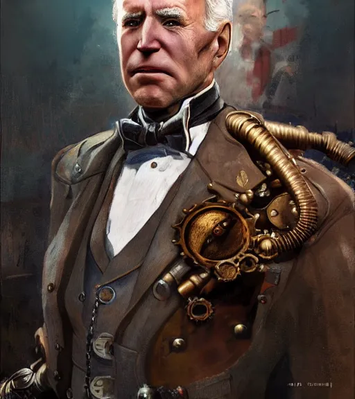 Image similar to portrait of steampunk joe biden cosplaying, by wlop, by simon stalengrad, by ilya repin, bioshock screenshot, photorealistic fan art, detailed shading, intricate abstract, steampunk, expressionism