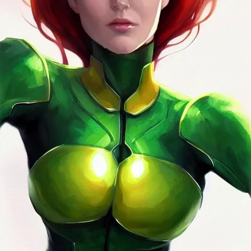 Image similar to jean grey, a half body of jean grey, green eyes, comic, x - men, highly detailed, artstation, digital painting, vivid colors, realistic shaded perfect face, soft lighting, atmospheric, cinematic, moody, in the style of krenz cushart, oil on canvas, 8 k