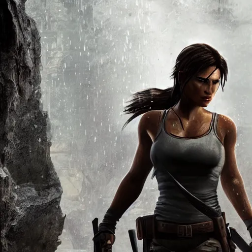 Prompt: Lara croft as blacksmith, wet face , heavy rain ,dramatic, intricate, highly detailed, concept art, smooth, sharp focus, illustration, Unreal Engine 5, 8K