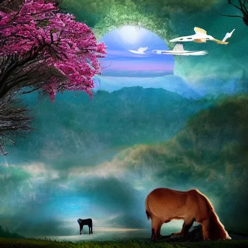 Prompt: a dreamy landscape full of majestic animals