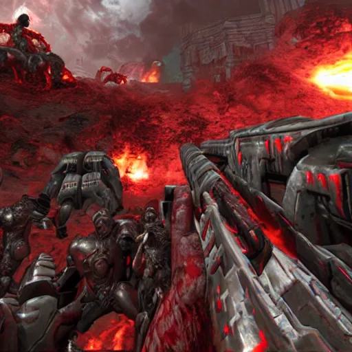 Image similar to bloody hell scene, doom slayer walking on human bloody dead bodies, shooting with heavy bolt rifle towards demons, view from side