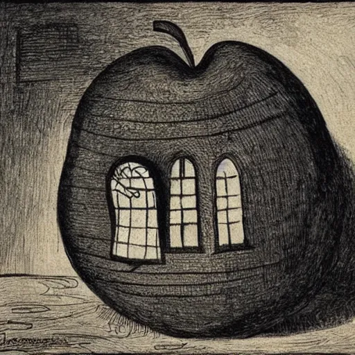 Prompt: house in a giant apple in the style of Théophile Steinlen (1859–1923), Swiss/French painter and print-maker