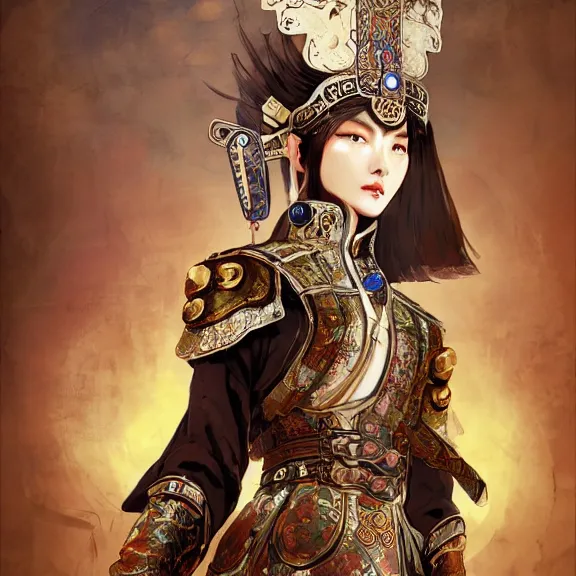 Image similar to ancient chinese princess with steampunk mask, dynasty warriors, headshot, holy, unreal engine, 8 k, blue color scheme, headshot, highly detailed, smooth, ink painting, artstation, concept art, in style of yoji shinkawa, pan ren wei, col price, atey ghailan, by greg rutkowski, aesthetic