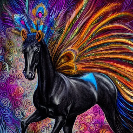 Prompt: beautiful black horse with peacock feather mane and peacock tail detailed painting in the style of josephine wall 4 k