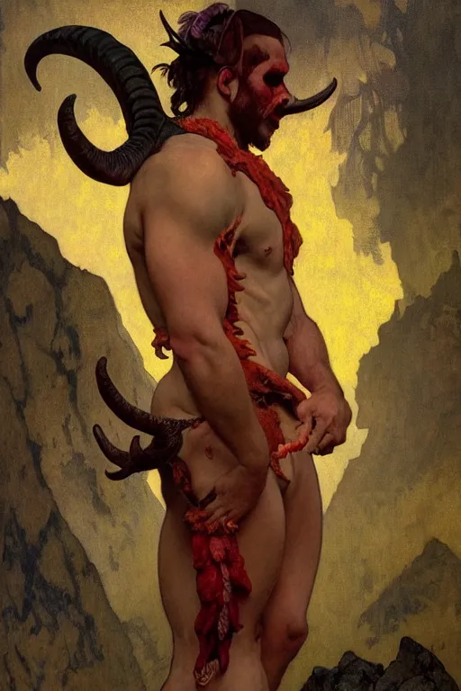 Image similar to portrait of a beautiful young fit male demon with ram horns, scaly torso and goat legs, hellish scene, by greg rutkowski and alphonse mucha, d & d character, gradient red to yellow, in front of an hellish landscape background, highly detailed portrait, digital painting, artstation, concept art, smooth, sharp focus ilustration, artstation hq