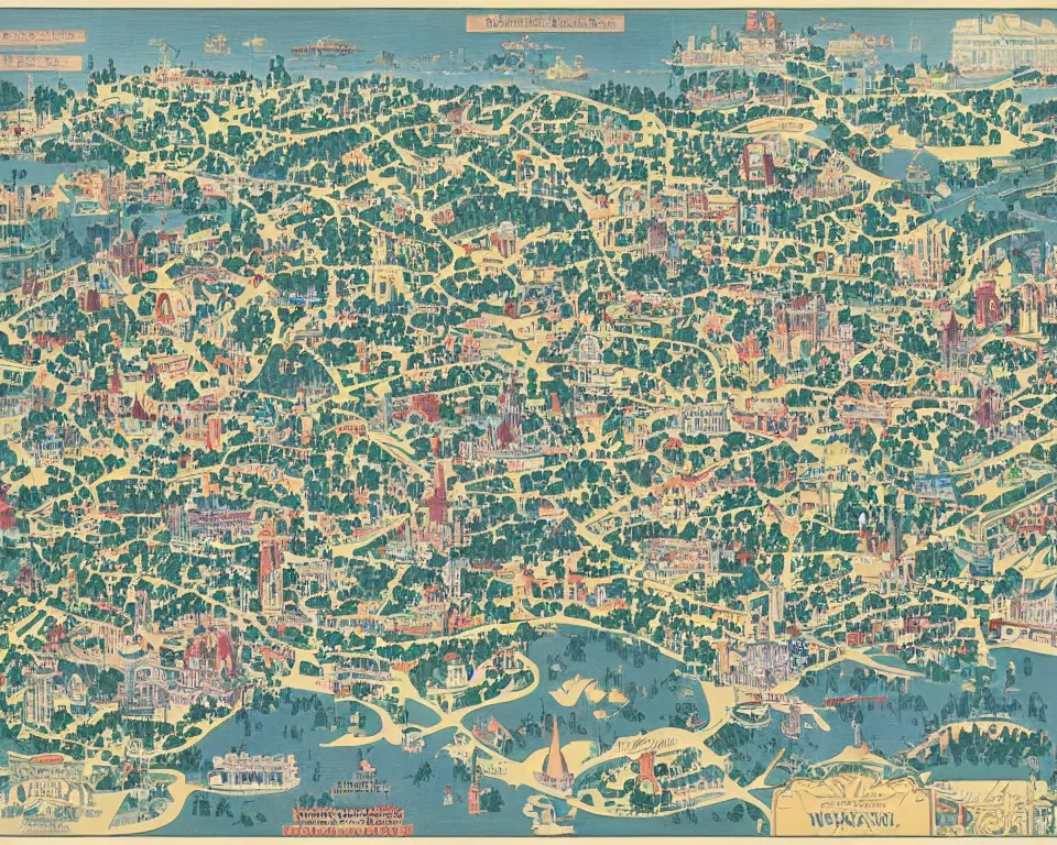 Image similar to Disneyland style map of Washington, D.C. by Hasui Kawase and Lyonel Feininger