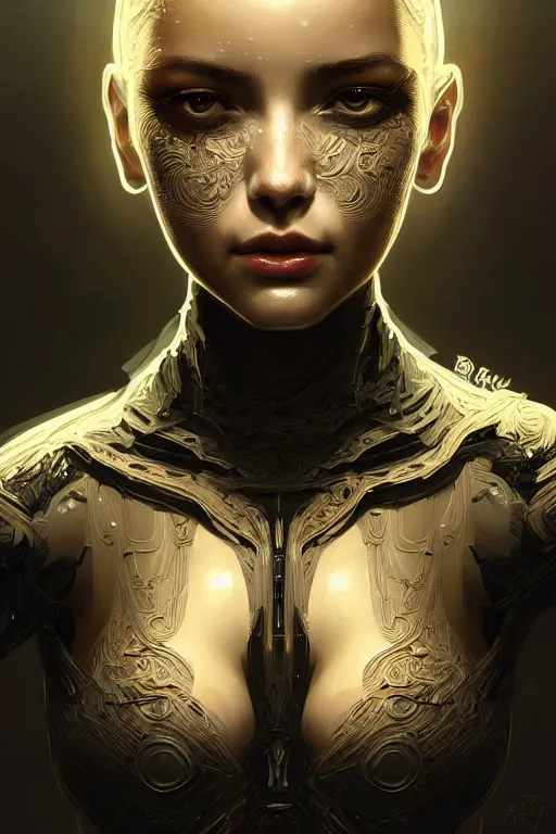 Image similar to beautiful female android in distress!, black shiny eyes, half portrait, background explosion, intricate detailed environment, floro details, intricate, elegant, highly detailed, digital painting, artstation, concept art, smooth, sharp focus, illustration, art by brian sum, greg rutkowski