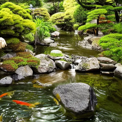 Prompt: photo of japanese house with small stream beside the house. koi fish are swimming in the stream, high detail, cinematic, beautiful