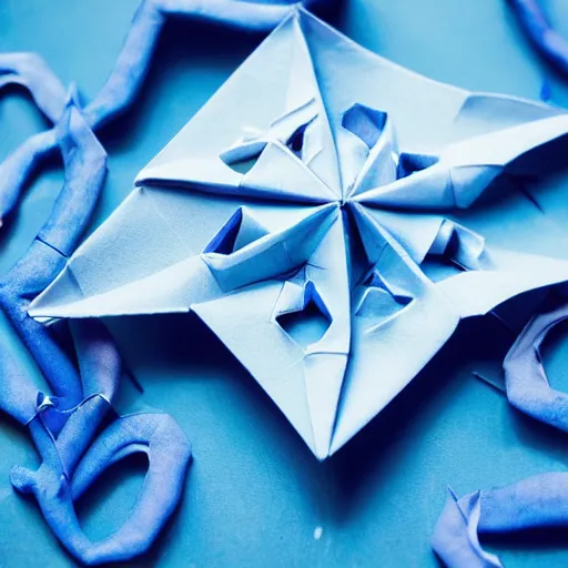 Prompt: an origami octopus, blue colors, macro photography, ambient light