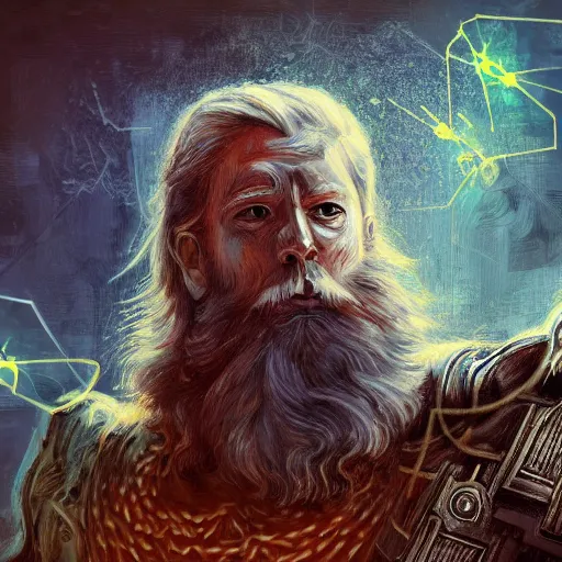 Prompt: mythological broken odin all father god of thunder and artificial intelligence creating himself with an artificial neural network with synapses, high resolution, award winning art, trending on art station, sharp image, incredibly detailed, detailed character realistic painting