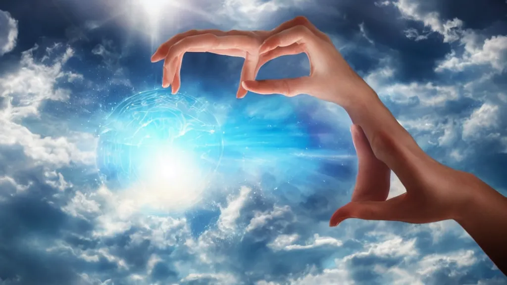 Prompt: a giant hand coming from of a magical portal in the sky picking up a woman with their fingers.