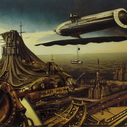 Prompt: A scene from a steampunk world, with a dirigible in the background and a Zeppelin in the foreground, oil painting, matte, black background, by J.C. Leyendecker and H.R. Giger