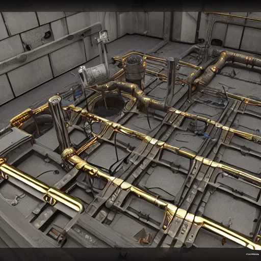 Prompt: 3 d sculpted model of scifi industrial pit with gold elements, right angles, straight edges, many pipes, by moebius, mass effect, starship troopers, elysium, prometheus, the expanse, high tech industrial, artstation unreal, unity, maya, houdini, dramatic cinematic lighting