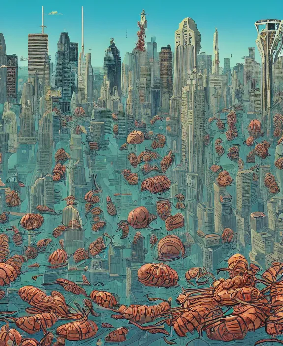 Image similar to city skyline made from obese sea slug lobsters, in the style of a puffy spaceship, skeletons, partly cloudy, spooky, dramatic lighting, by geof darrow, bill sienkiewicz, dan mumford, yusuke murata, makoto shinkai, ross tran, cinematic, unreal engine, cel shaded, featured on artstation, pixiv