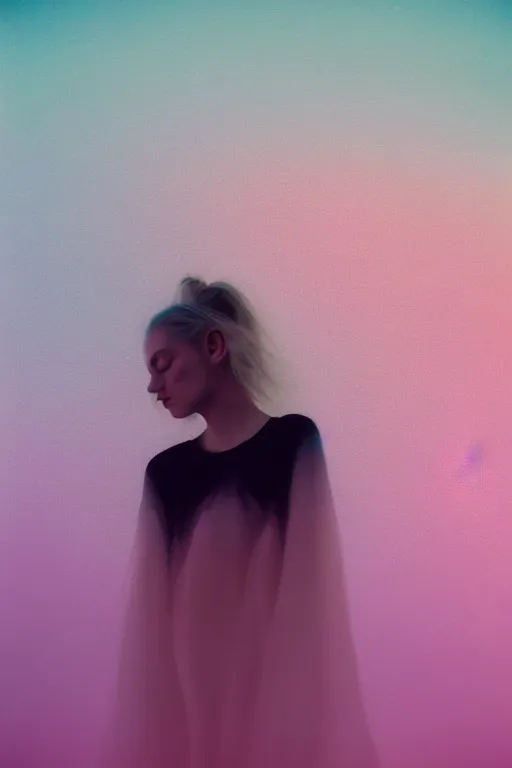 Image similar to high quality pastel coloured film close up wide angle photograph of a model wearing clothing swimming on cloud furniture in a icelandic black rock!! environment in a partially haze filled dreamstate world. three point light, rainbow. photographic production. art directed. pastel colours. volumetric clouds. pastel gradient overlay. waves glitch artefacts. extreme facial clarity. 8 k. filmic.