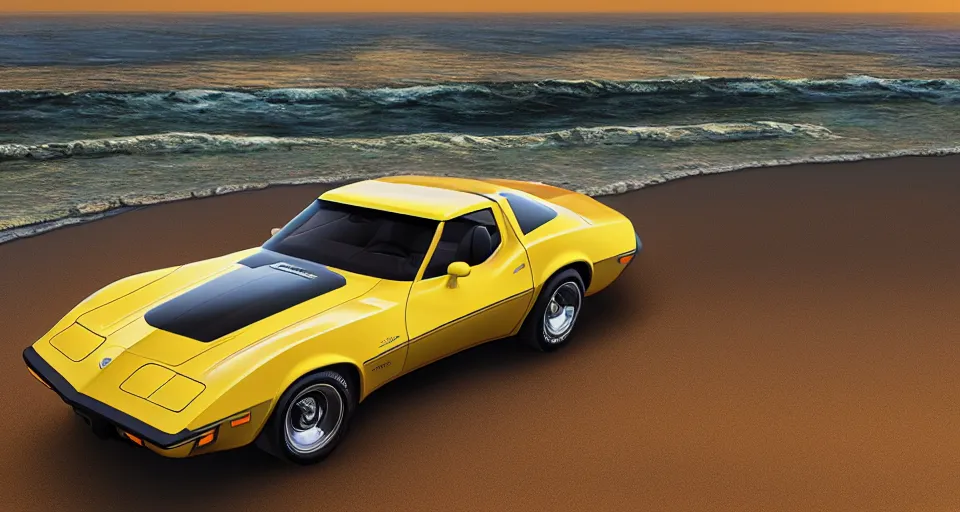 Image similar to a yellow 1979 stingray corvette at the beach at sunset, t-top, convertable,digital art,detailed,ultra realistic,art by greg rutkowski