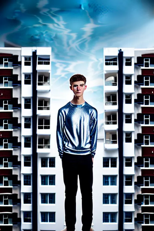 Image similar to un ultra high definition studio quality photographic art portrait of a young man standing on the rooftop of a british apartment building wearing soft padded silver pearlescent clothing. three point light. extremely detailed. golden ratio, ray tracing, volumetric light, shallow depth of field. set dressed.