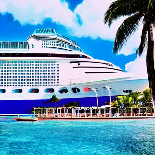 Prompt: Vaporwave cruise ship docking at Caribbean resort