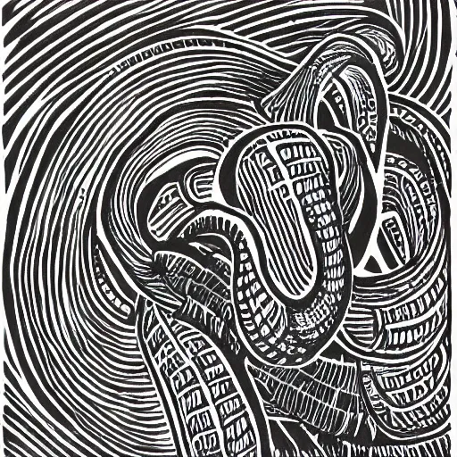 Image similar to block print, snake, detailed 4k illustration, black ink on white paper