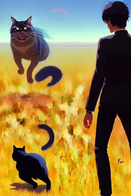 Prompt: a ultradetailed beautiful panting of a man chased by a giant cat, a very scary photo, by ilya kuvshinov, greg rutkowski and makoto shinkai, trending on artstation