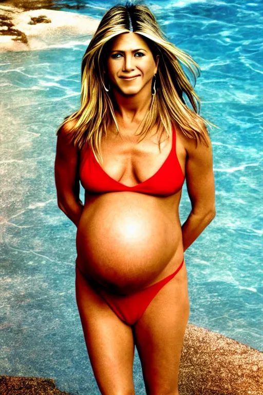 Prompt: pregnant jennifer aniston in a red bikini, realistic portrait, symmetrical, highly detailed, smooth, sharp focus, hdr 4 k film screenshot