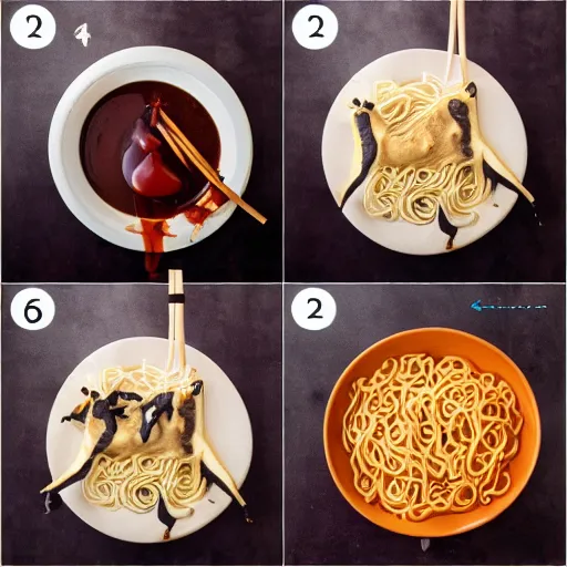 Image similar to making of an edible giraffe from noodles and soy sauce in 4 steps, each step is a progression from the last, from the beautiful'how to make food art step by step collection ', dslr