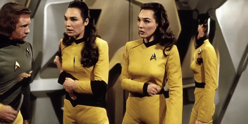 Image similar to a scene from Trouble with Tribbles, an episode of the original Star Trek series, with Gal Gadot, in Starfleet uniform, in the role of Captain Kirk