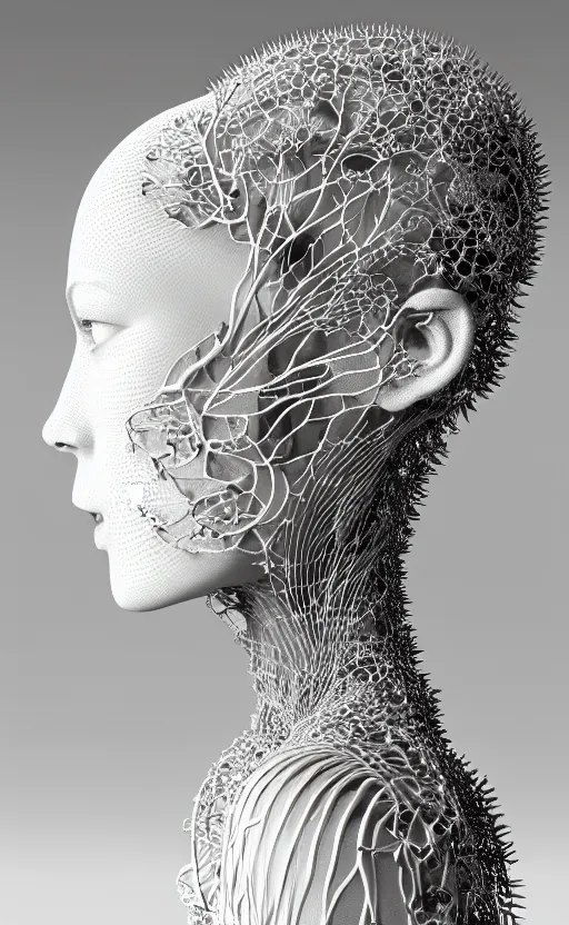 Image similar to complex 3d render of a beautiful profile woman face, vegetal dragon cyborg, 150 mm, beautiful natural soft light, rim light, silver details, magnolia stems, roots, fine lace, maze like, mandelbot fractal, anatomical, facial muscles, cable wires, microchip, elegant, highly detailed, white metallic armour, octane render, black and white, H.R. Giger style